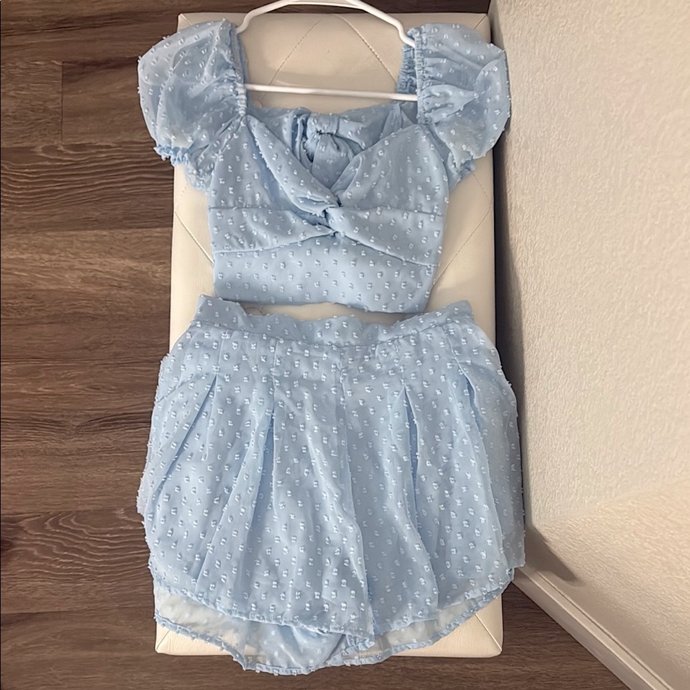 Light Blue Puff Sleeve Top and Skirt Set